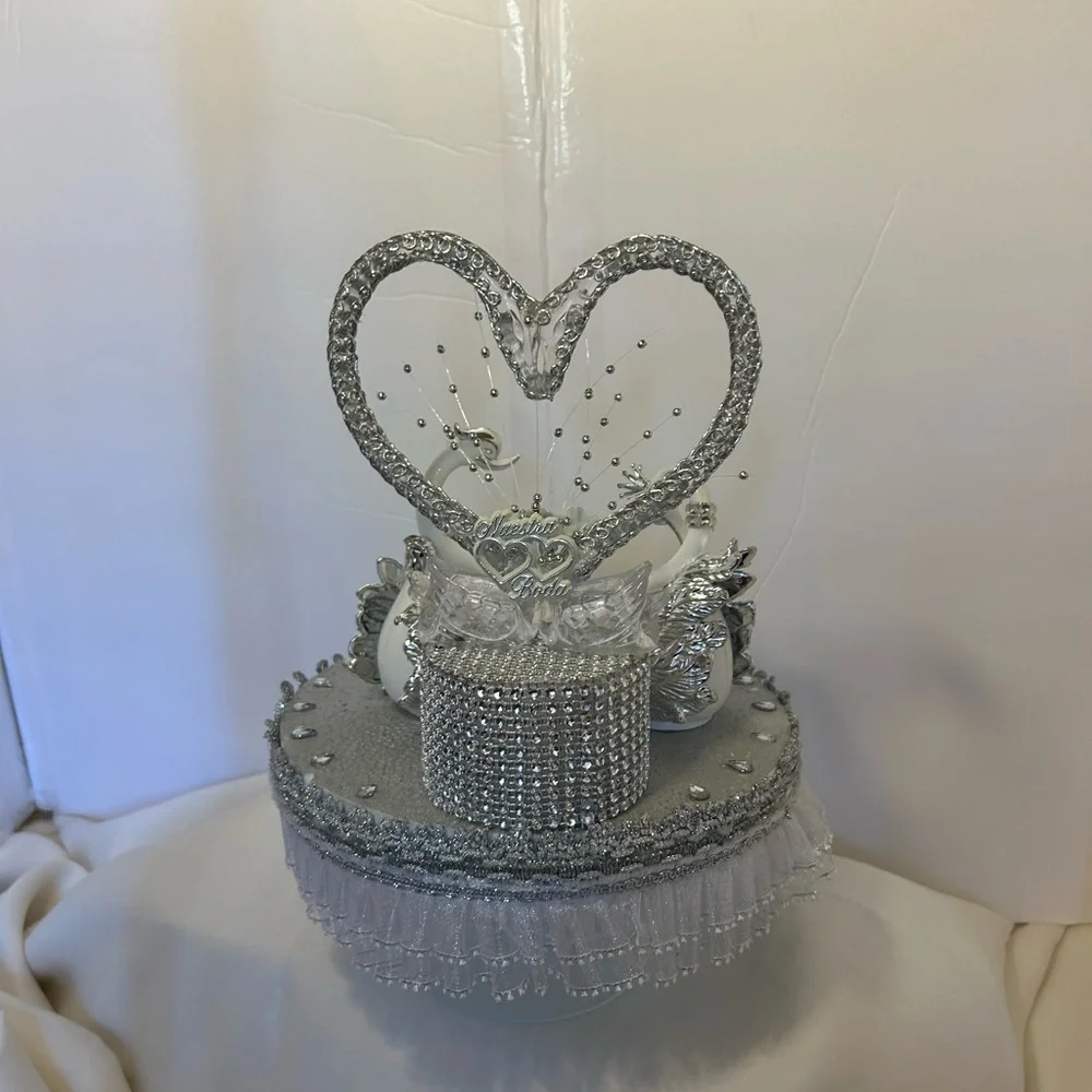 Chic Silver Swan and Heart Cake Topper
